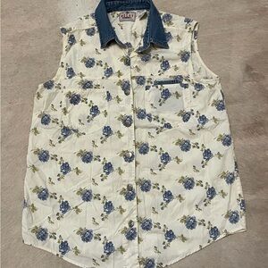 Vintage Replay Floral Denim Collar Tank Top - Blue and Cream